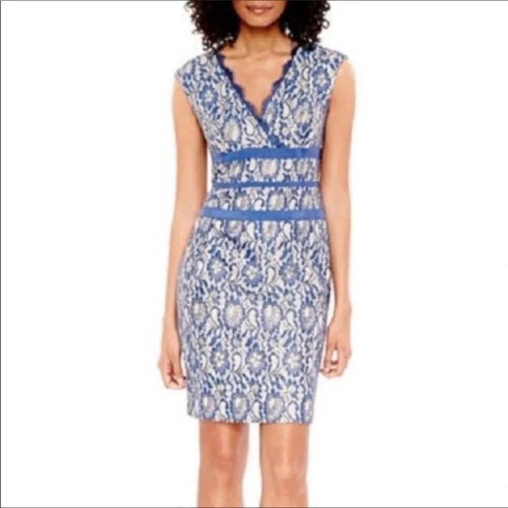 Simply Liliana Metallic Blue & Cream Lace Sheath Dress